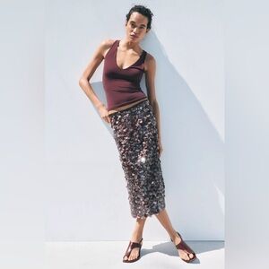 NWT Zara Sequin Midi Skirt Blackberry Size S